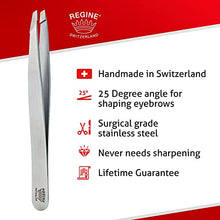 Load image into Gallery viewer, Regine Switzerland Slant Tweezer - Handmade in Switzerland - Professional Eyebrow, Facial &amp; Hair Remover - Etched Interior Tip to Grab Hair From the Root - Perfectly Aligned Tips - Stainless Steel
