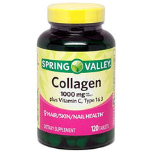 Load image into Gallery viewer, Spring Valley Collagen 1,000mg Per Tablet, Plus Vitamin C, Type 1 &amp; 3, 120ct by Equate
