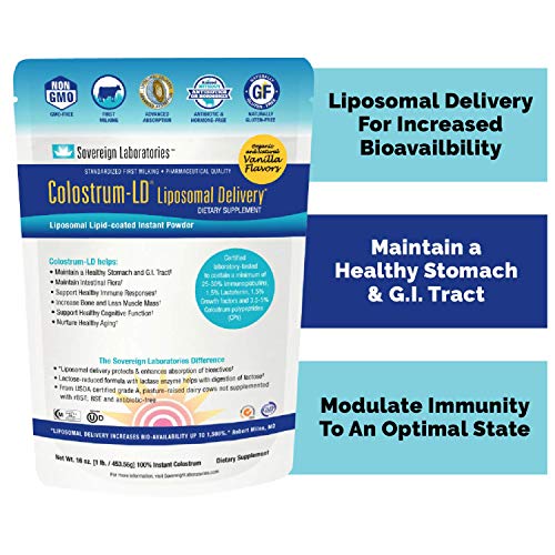 Colostrum-LD Liposomal Delivery - Colostrum Powder - Gluten-Free, Lactose-Reduced - 90 Servings - Sovereign Laboratories - 16oz Vanilla