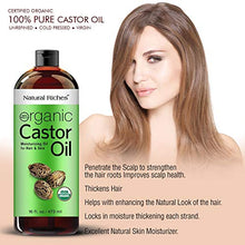 Load image into Gallery viewer, Organic Castor Oil Cold pressed USDA certified for Dry Skin Hair Loss Dandruff Thicker Hair - Moisturizes heals Scalp Skin Hair growth Thicker Eyelashes &amp; Eyebrows 16 fl. oz. Natural Riches
